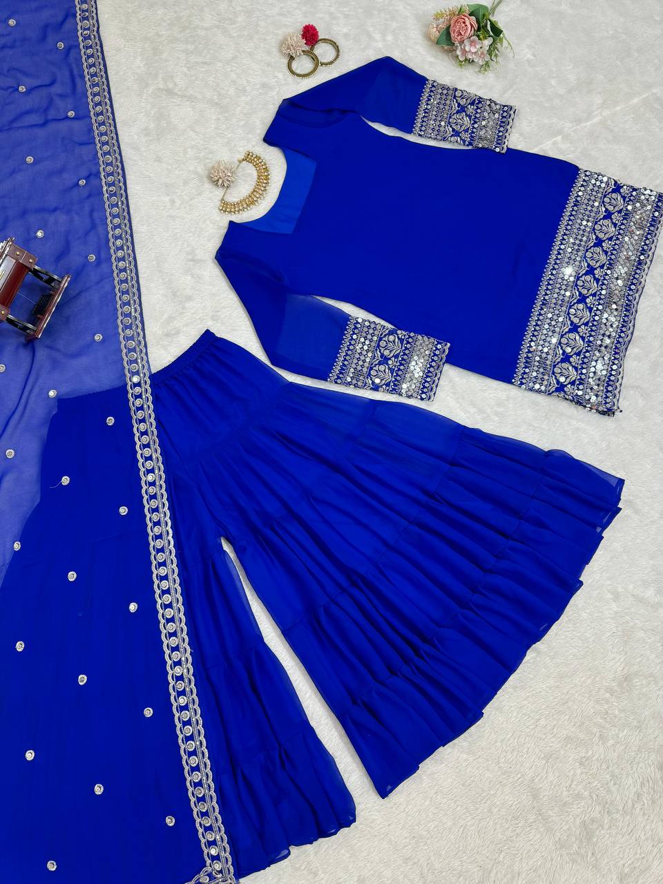 Blue Stunning Faux Georgette Sharara Set – A Perfect Festive Ensemble ClothsVilla