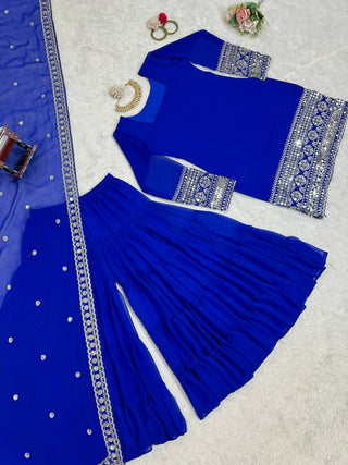 Blue Stunning Faux Georgette Sharara Set – A Perfect Festive Ensemble ClothsVilla