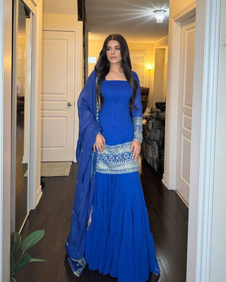 Blue Stunning Faux Georgette Sharara Set – A Perfect Festive Ensemble ClothsVilla