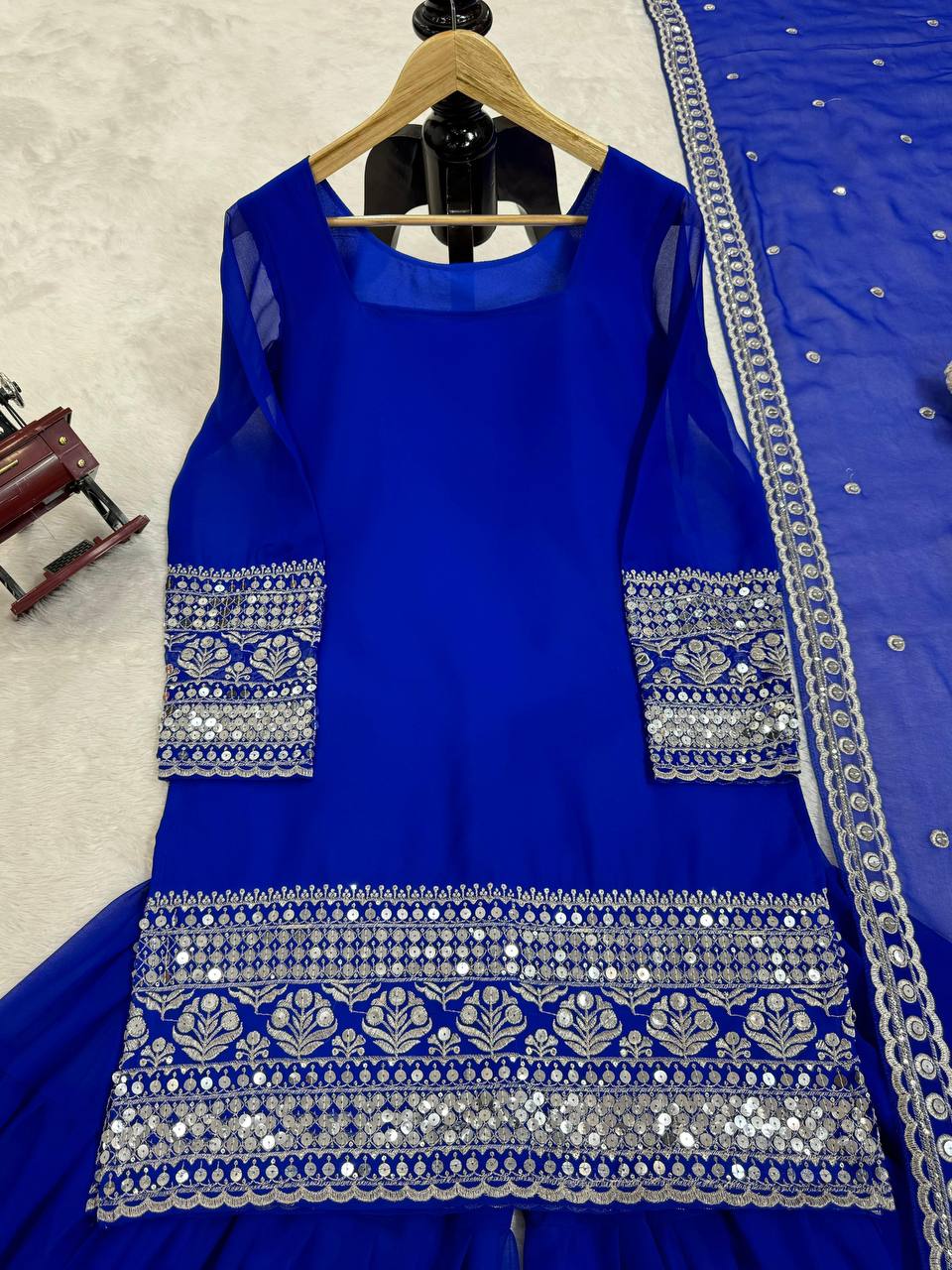 Blue Stunning Faux Georgette Sharara Set – A Perfect Festive Ensemble ClothsVilla