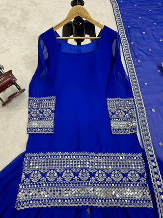 Blue Stunning Faux Georgette Sharara Set – A Perfect Festive Ensemble ClothsVilla
