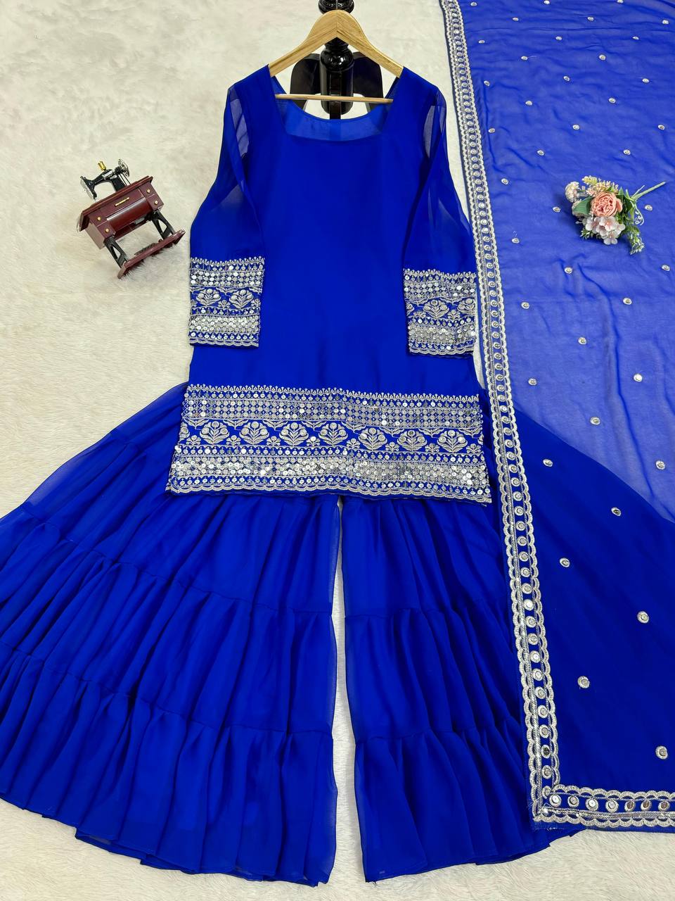 Blue Stunning Faux Georgette Sharara Set – A Perfect Festive Ensemble ClothsVilla