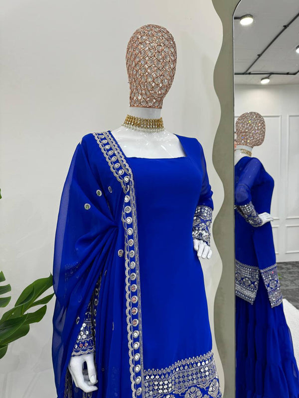 Blue Stunning Faux Georgette Sharara Set – A Perfect Festive Ensemble ClothsVilla