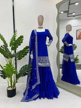 Blue Stunning Faux Georgette Sharara Set – A Perfect Festive Ensemble ClothsVilla