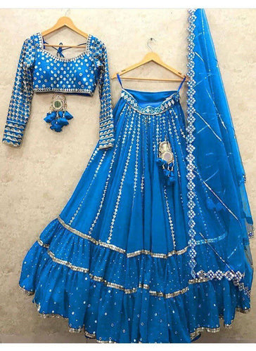 Blue Stunning Georgette Semi-Stitched Lehenga with Ruffle Border Sequins, Heavy Embroidered Faux Georgette Blouse, and Soft Net Dupatta ClothsVilla