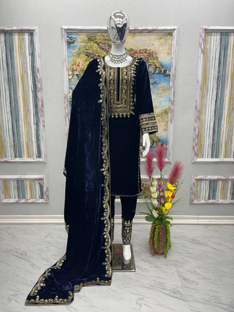 Blue Stunning Look Collection - Elegant Velvet Ensemble Clothsvilla