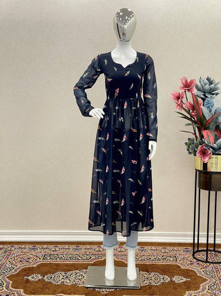 Blue Stylish Heavy Faux Georgette Nyra Style Printed Kurta for Women ClothsVilla