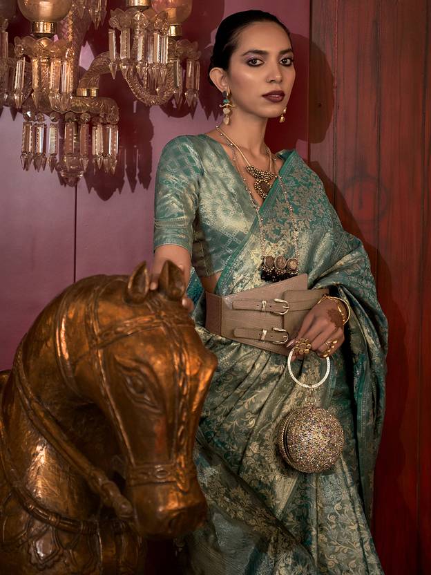 Blue Stylish Party Wear Saree with Unstitched Blouse Piece Secondary image