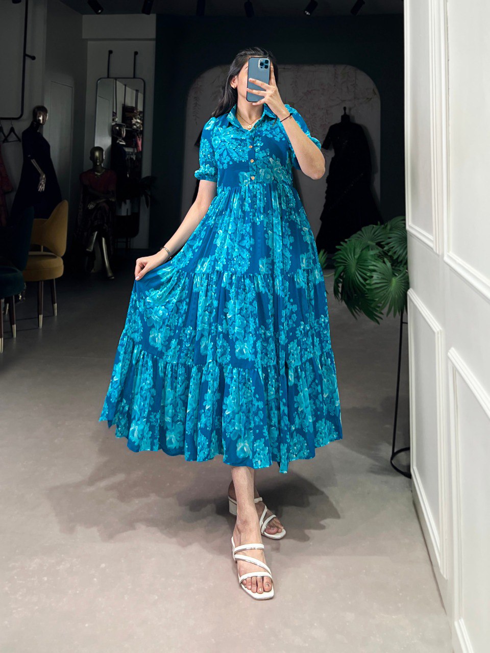 Blue Sun-Kissed Elegance Floral Georgette Frock ClothsVilla