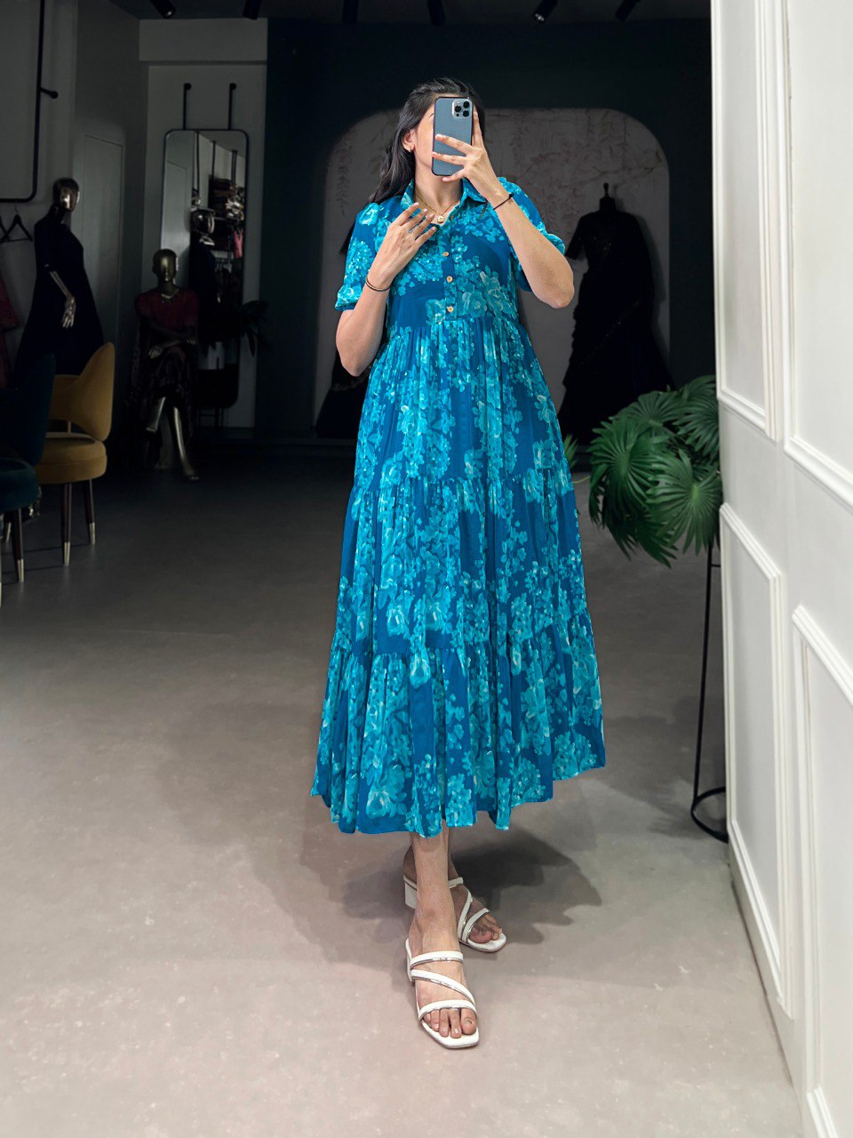 Blue Sun-Kissed Elegance Floral Georgette Frock ClothsVilla