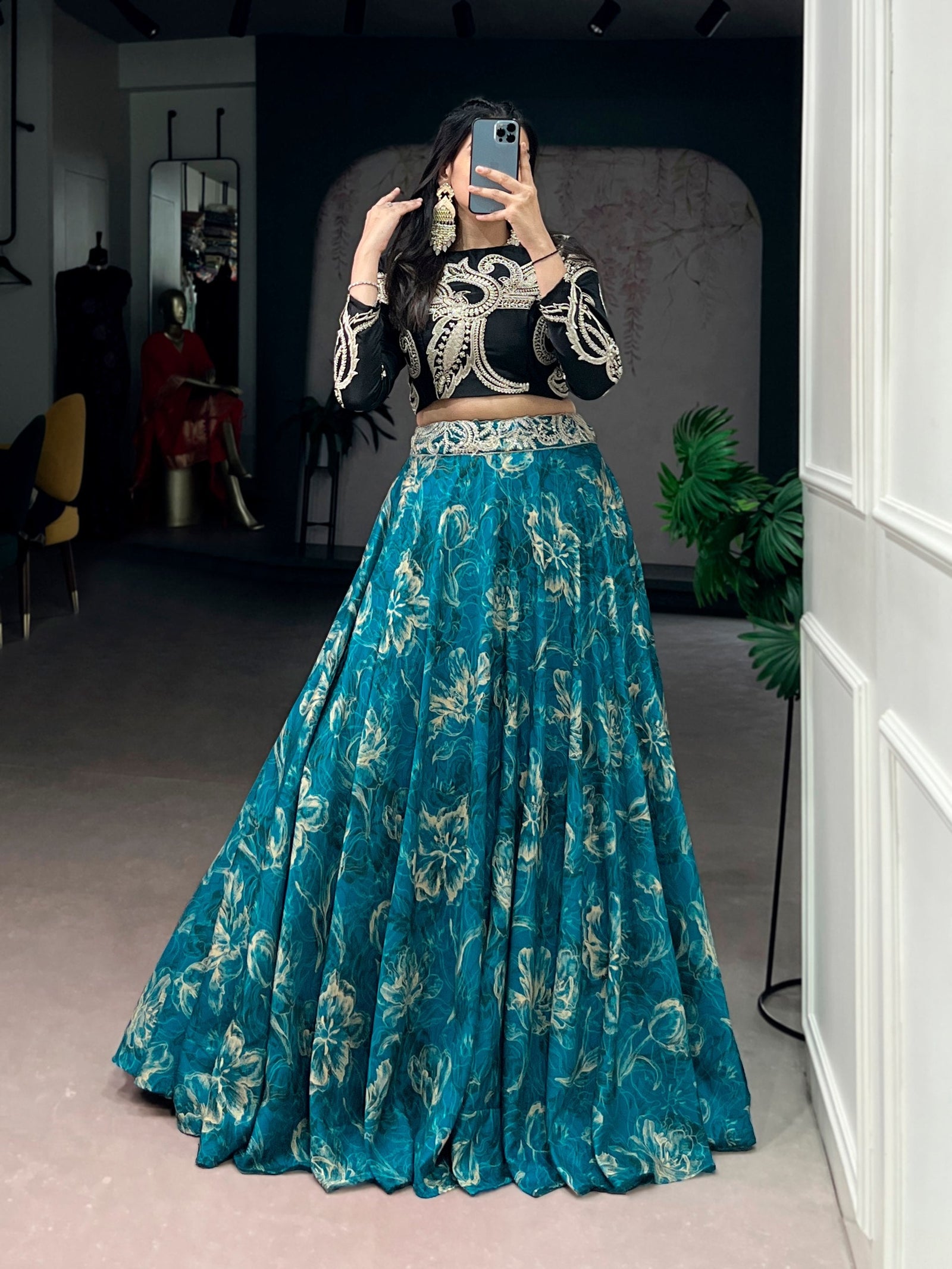 Blue Tasar Silk Lehenga & Embroidered Blouse ClothsVilla