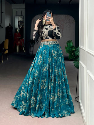 Blue Tasar Silk Lehenga & Embroidered Blouse ClothsVilla