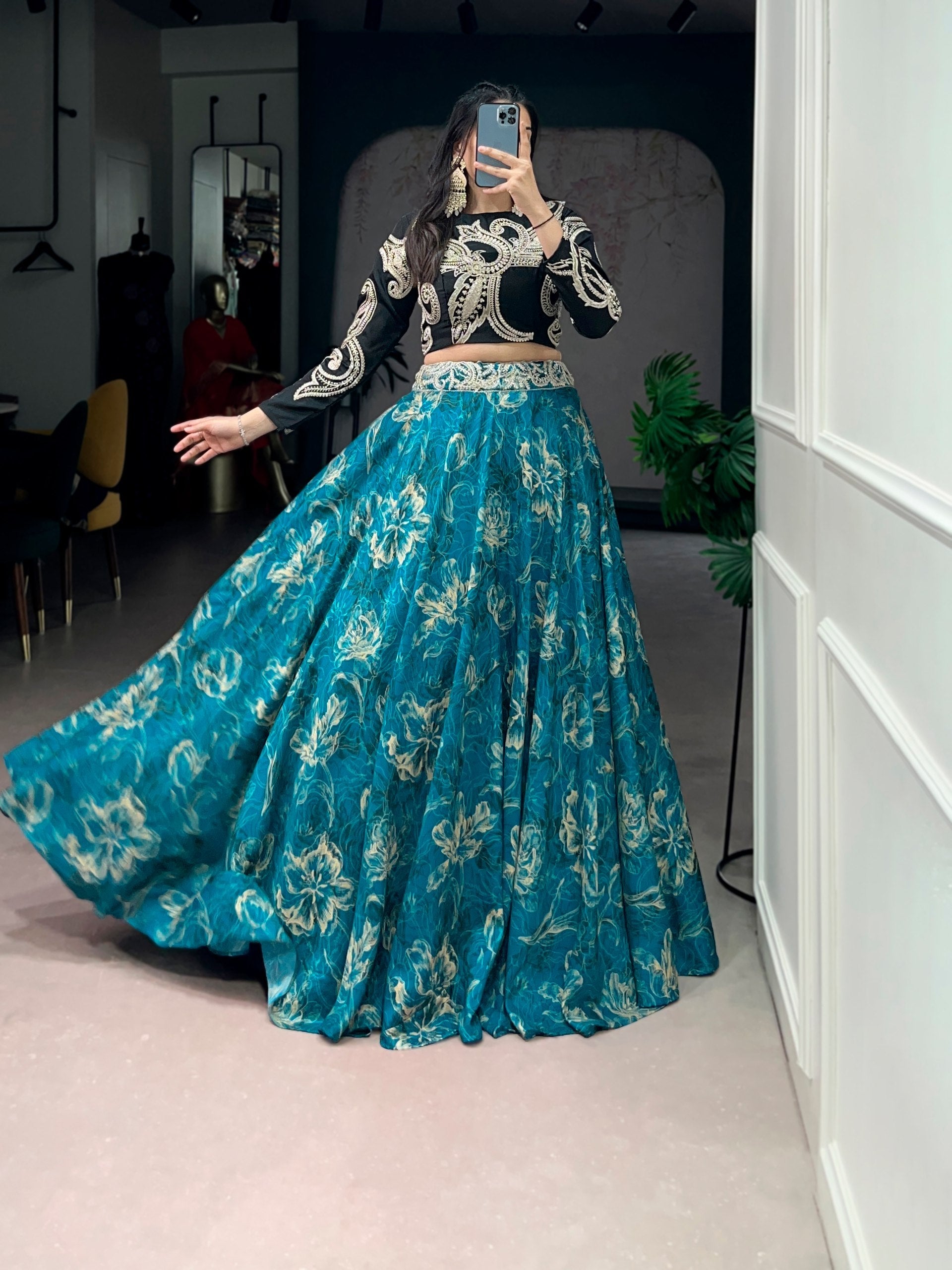 Blue Tasar Silk Lehenga & Embroidered Blouse Secondary image