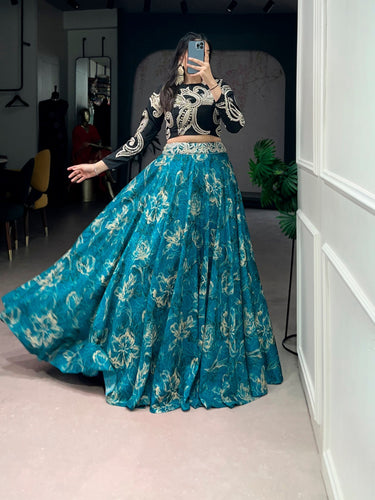 Blue Tasar Silk Lehenga & Embroidered Blouse ClothsVilla
