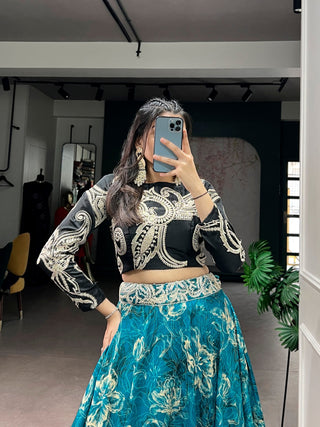 Blue Tasar Silk Lehenga & Embroidered Blouse ClothsVilla