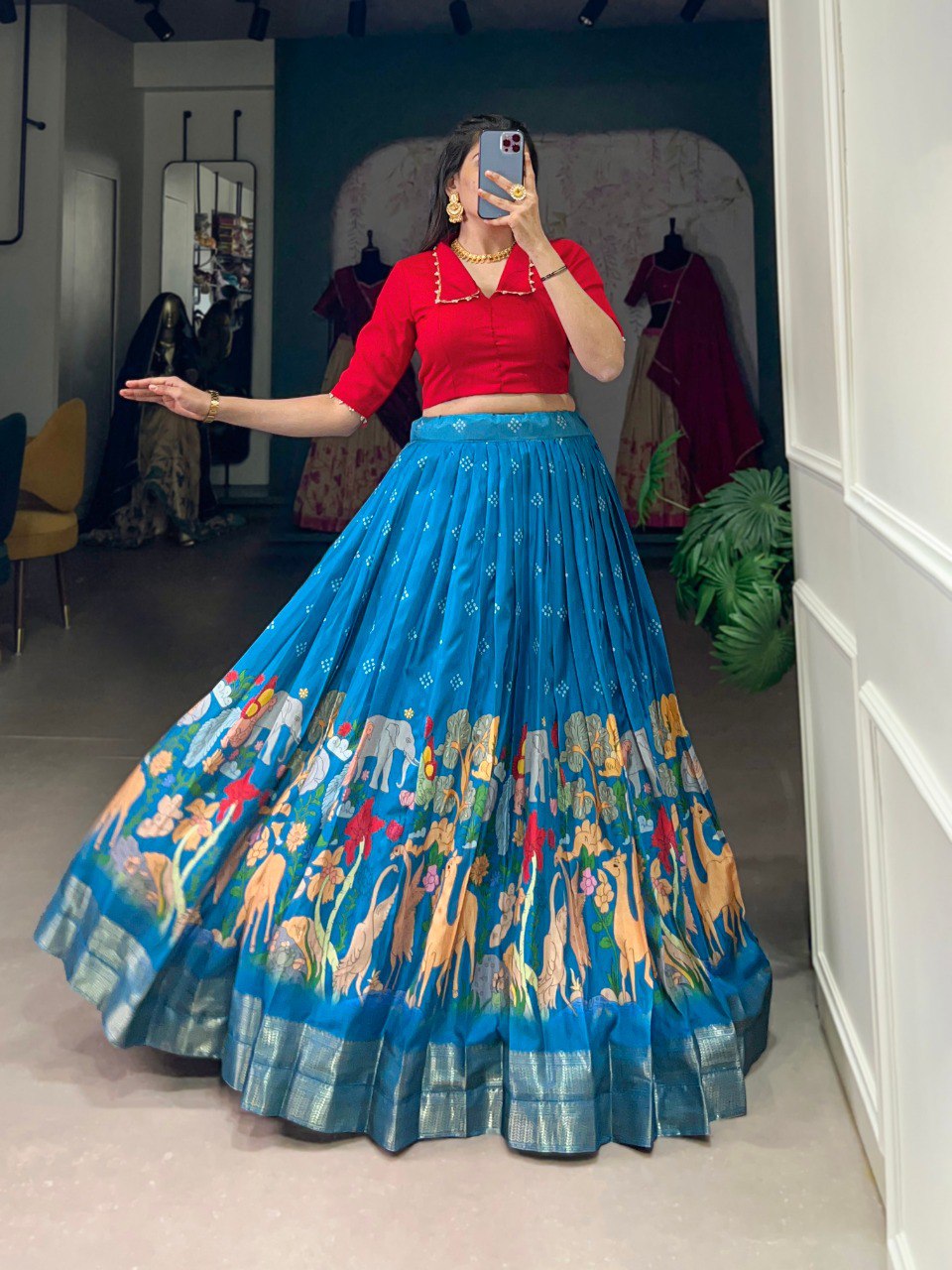 Blue Timeless Elegance Dola Silk Kalamkari Lehenga Set