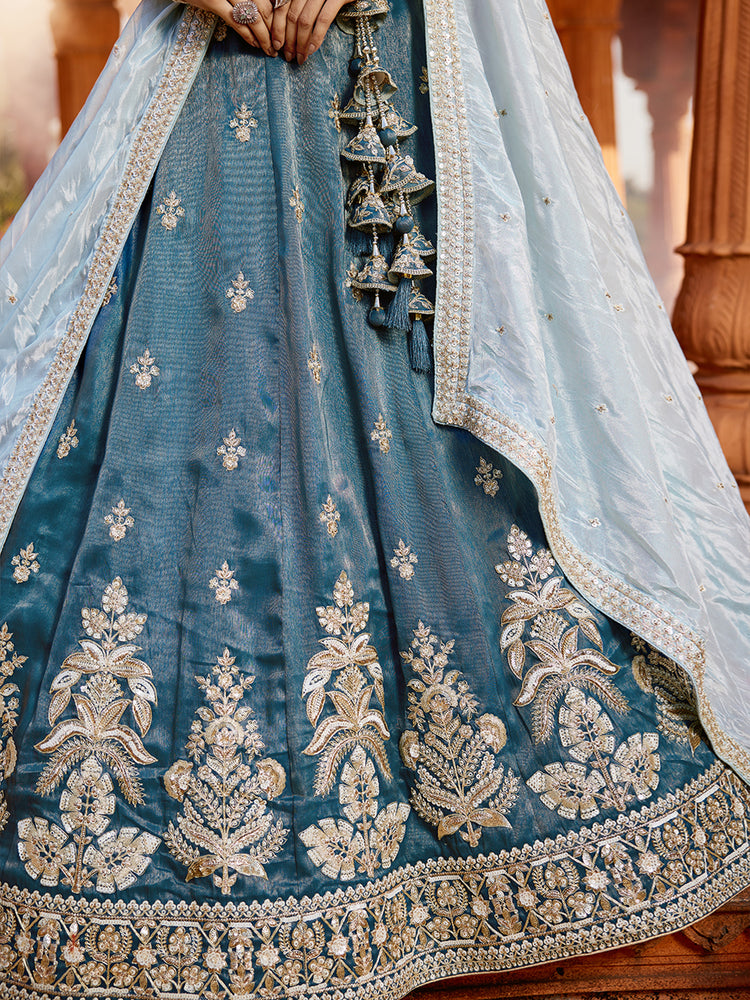 Blue Tissue fabric Full Flaire Semi-Stitched Lehenga ClothsVilla