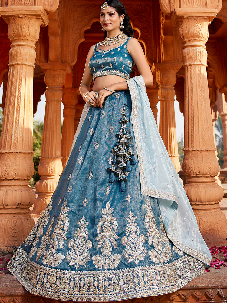 Blue Tissue fabric Full Flaire Semi-Stitched Lehenga ClothsVilla
