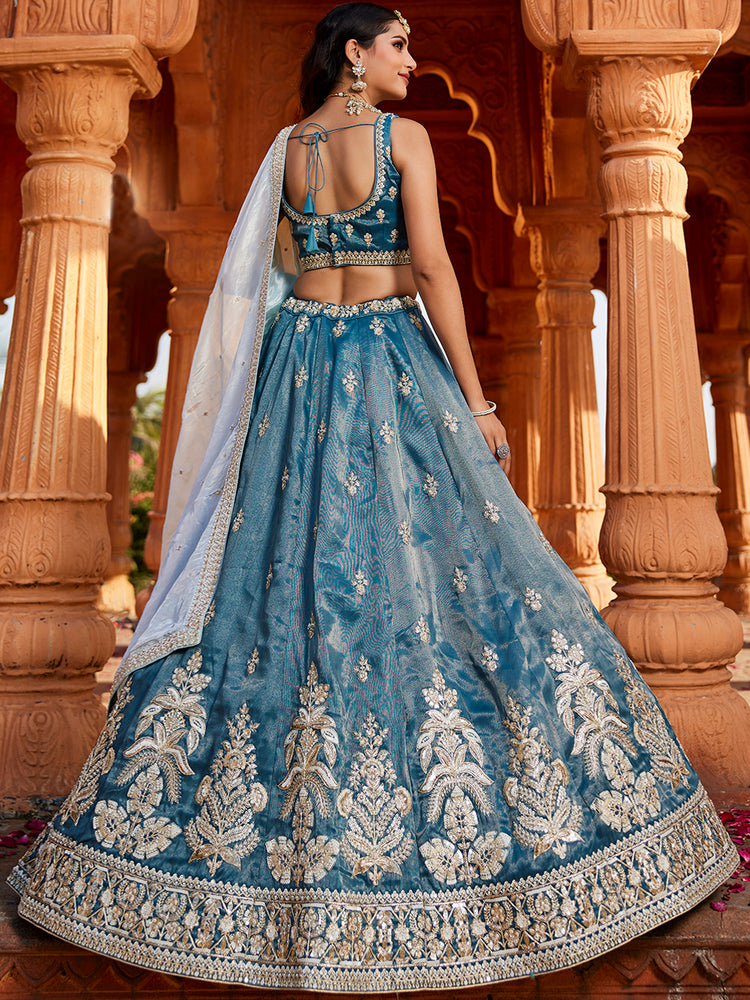 Blue Tissue fabric Full Flaire Semi-Stitched Lehenga ClothsVilla