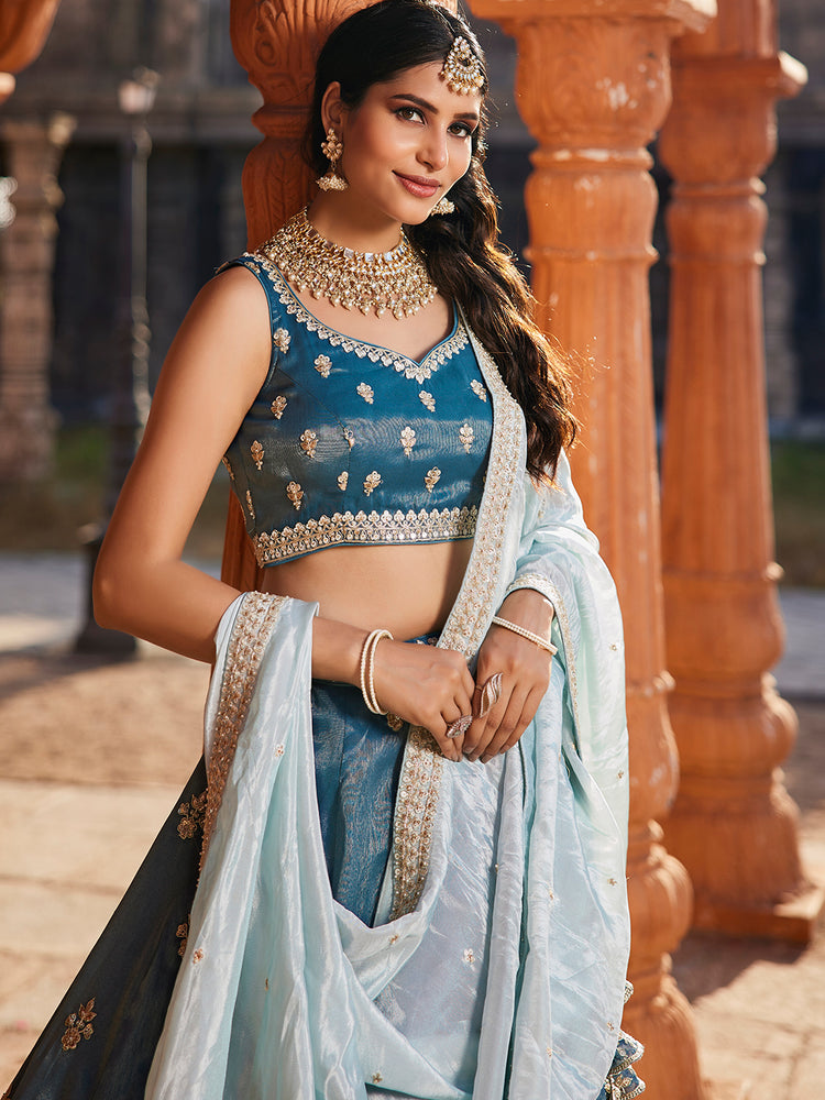 Blue Tissue fabric Full Flaire Semi-Stitched Lehenga ClothsVilla