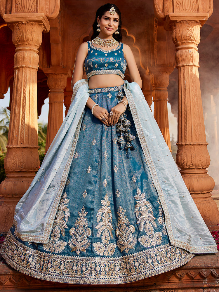 Blue Tissue fabric Full Flaire Semi-Stitched Lehenga ClothsVilla