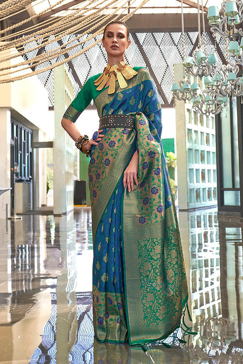Blue Traditional Banarasi Silk Blend Saree with Unstitched Blouse Piece ClothsVilla
