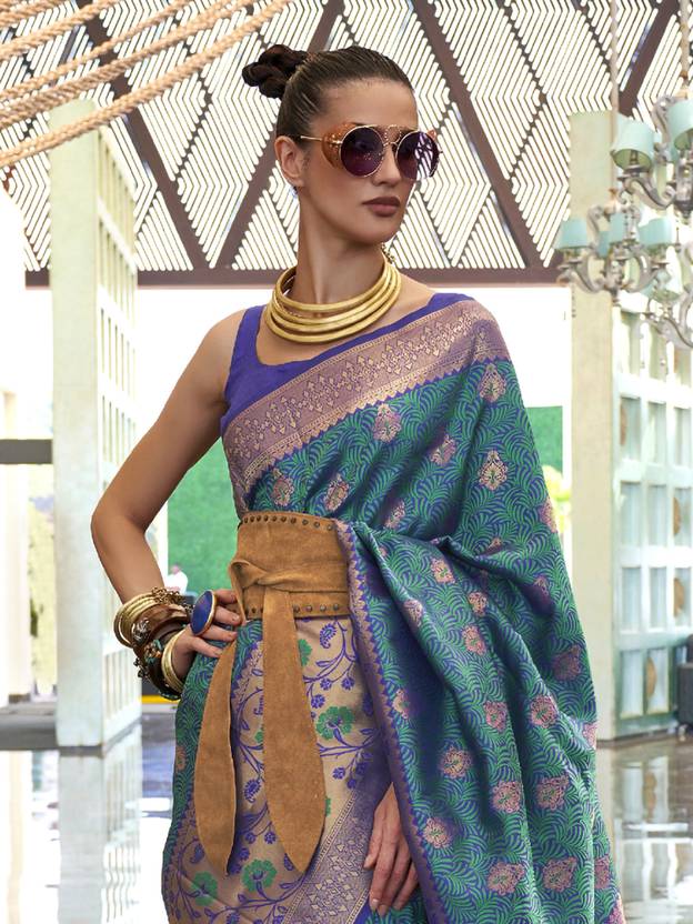 Blue Traditional Banarasi Silk Blend Saree with Unstitched Blouse Piece Secondary image