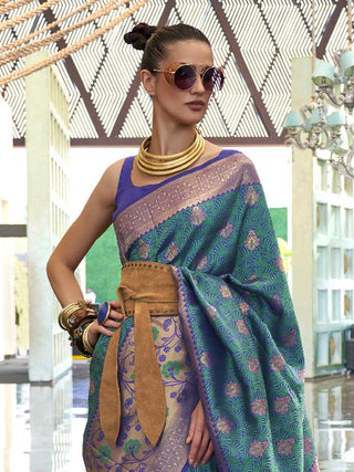 Blue Traditional Banarasi Silk Blend Saree with Unstitched Blouse Piece ClothsVilla