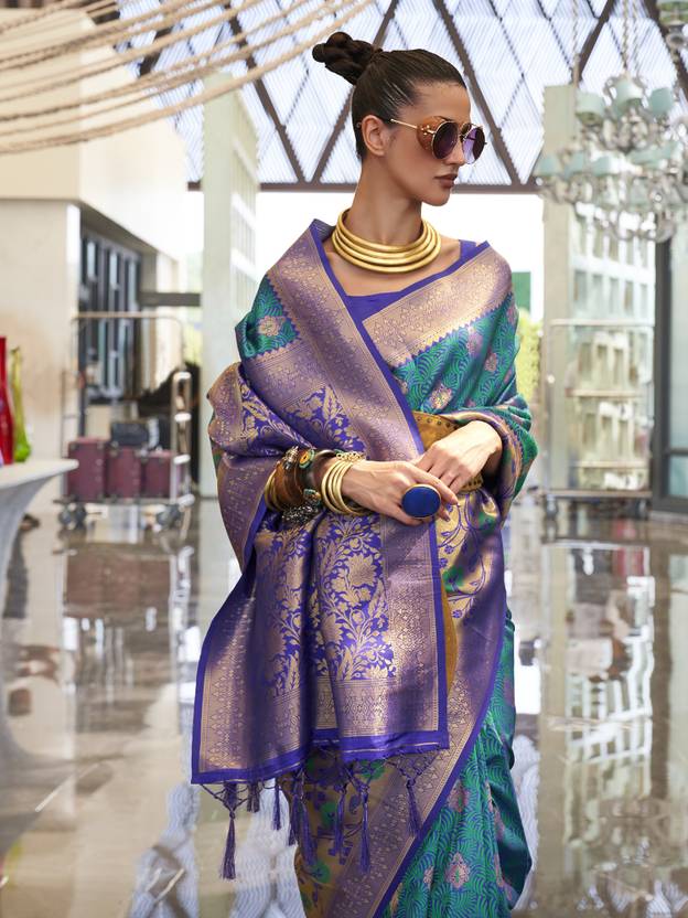 Blue Traditional Banarasi Silk Blend Saree with Unstitched Blouse Piece ClothsVilla