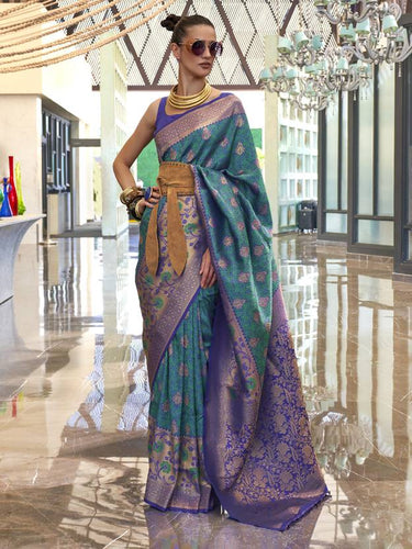 Blue Traditional Banarasi Silk Blend Saree with Unstitched Blouse Piece ClothsVilla