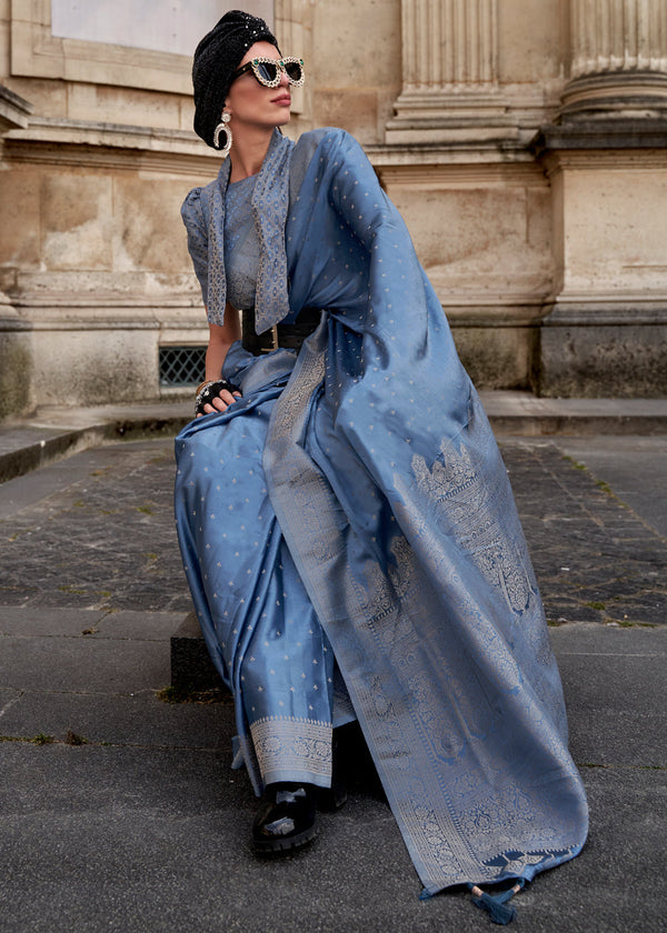Blue Traditional Woven Satin Silk Blend Saree with Blouse Piece – Festive & Partywear ClothsVilla