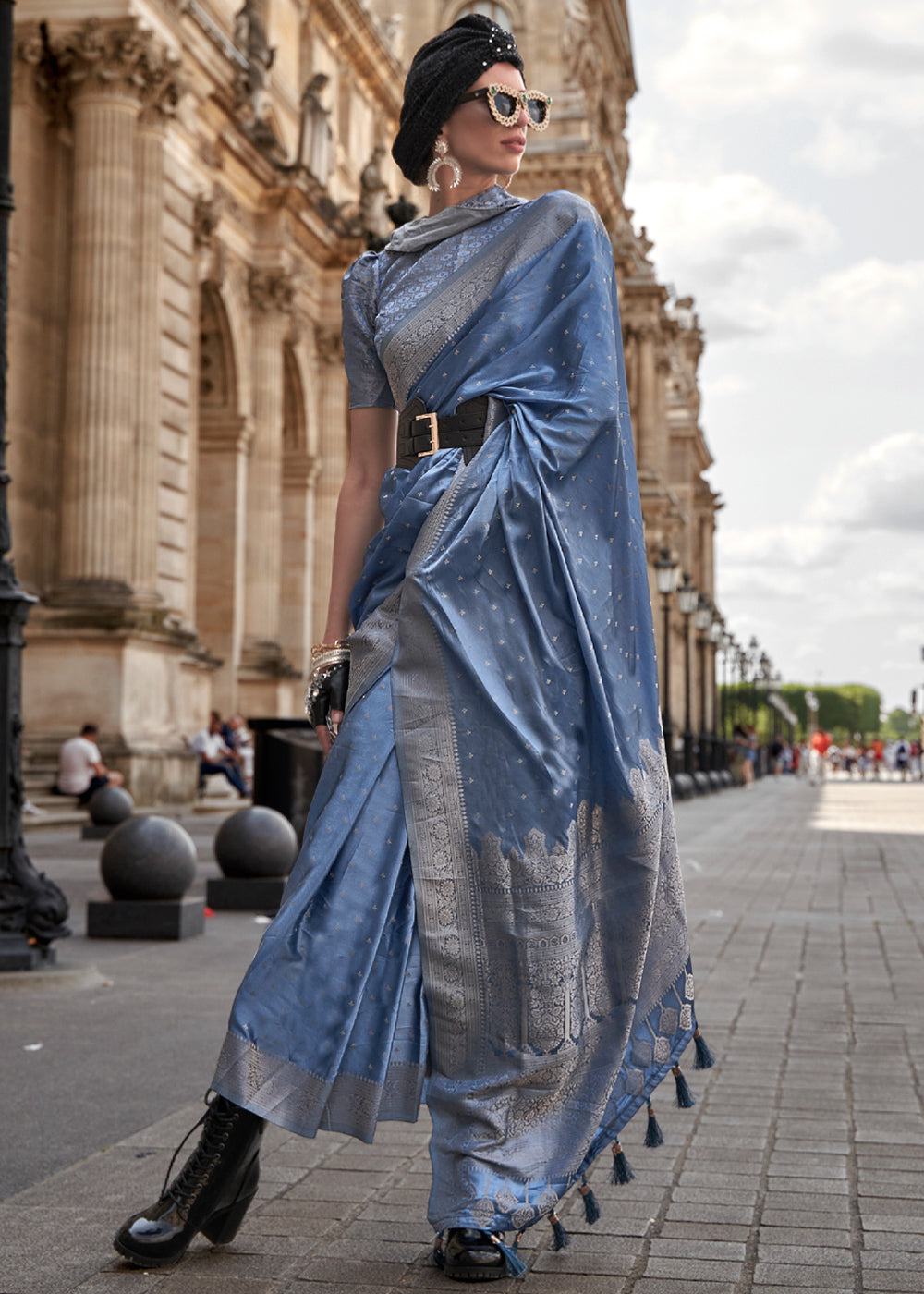 Blue Traditional Woven Satin Silk Blend Saree with Blouse Piece – Festive & Partywear ClothsVilla Main image