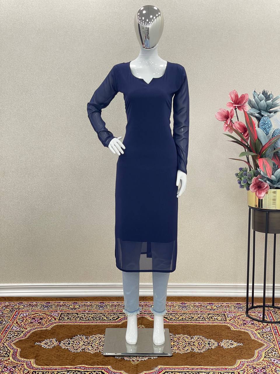 Blue Trendy Printed Straight Kurti - Heavy Soft Faux Georgette Clothsvilla Main image