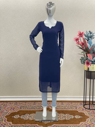 Blue Trendy Printed Straight Kurti - Heavy Soft Faux Georgette Clothsvilla