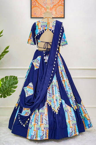 Blue Trendy Reyon Semi-Stitched Lehenga Choli Set with Digital Print & Kodi Lace Border ClothsVilla