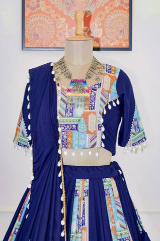 Blue Trendy Reyon Semi-Stitched Lehenga Choli Set with Digital Print & Kodi Lace Border ClothsVilla
