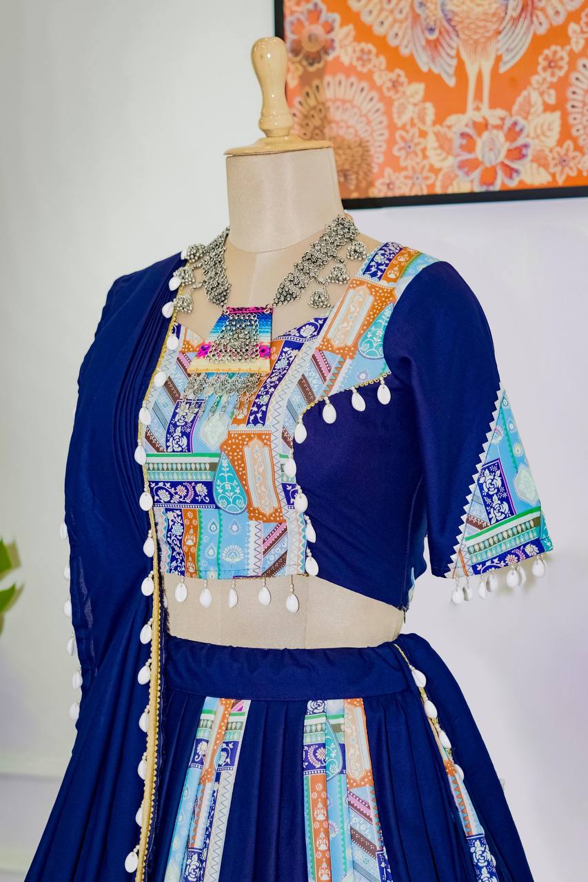Blue Trendy Reyon Semi-Stitched Lehenga Choli Set with Digital Print & Kodi Lace Border ClothsVilla
