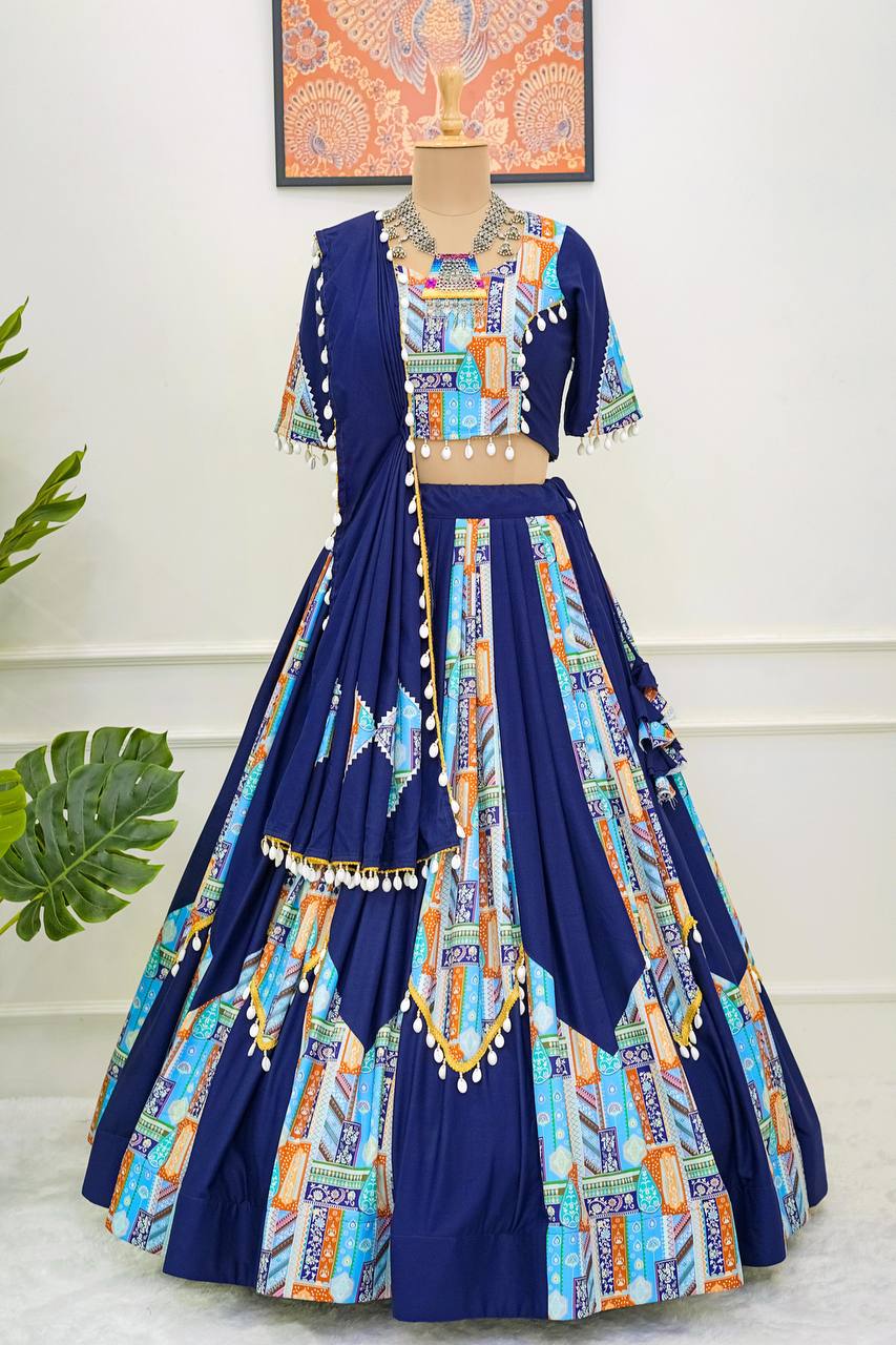 Blue Trendy Reyon Semi-Stitched Lehenga Choli Set with Digital Print & Kodi Lace Border ClothsVilla Main image