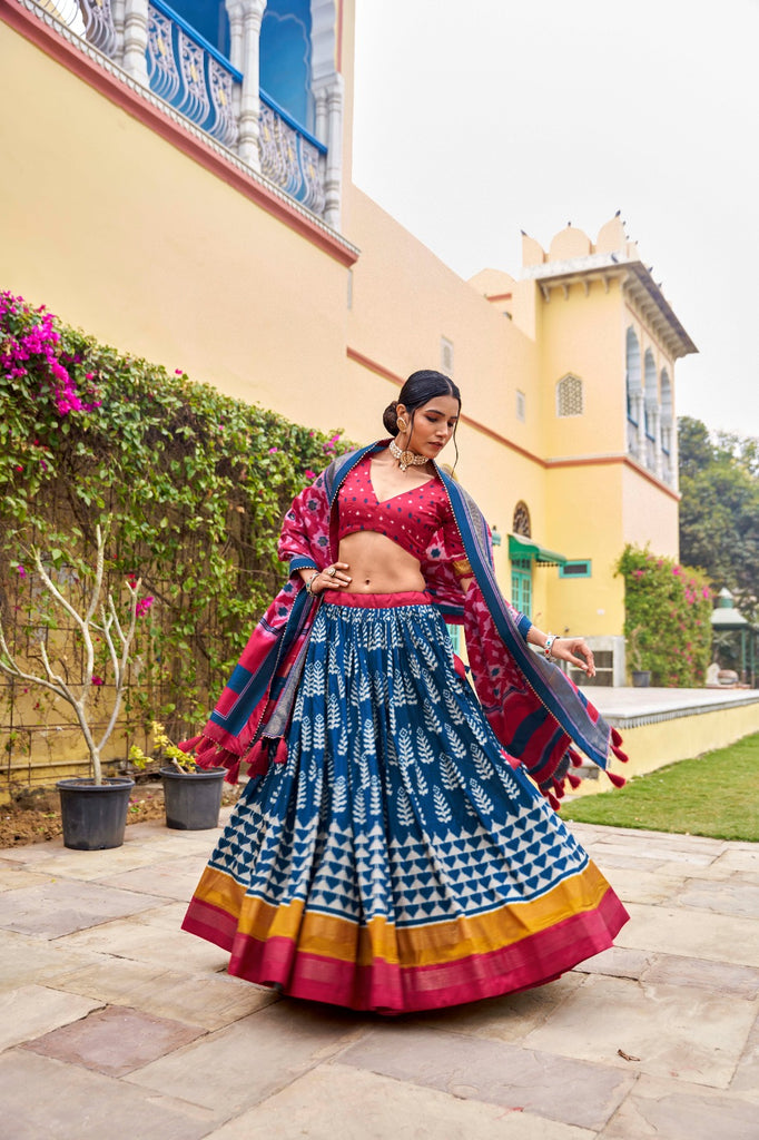 Blue Tussar Silk Lehenga Choli with Printed Foil Work ClothsVilla