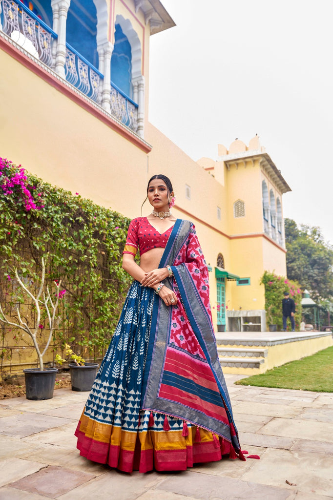 Blue Tussar Silk Lehenga Choli with Printed Foil Work ClothsVilla