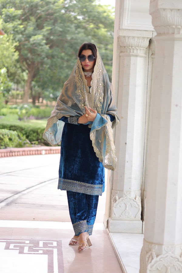 Blue Velvet Sequins & Zari Embroidered Premium Stitched Suit Set with Full-Sleeve Top, Velvet Pants & Fendy Cutwork Dupatta ClothsVilla