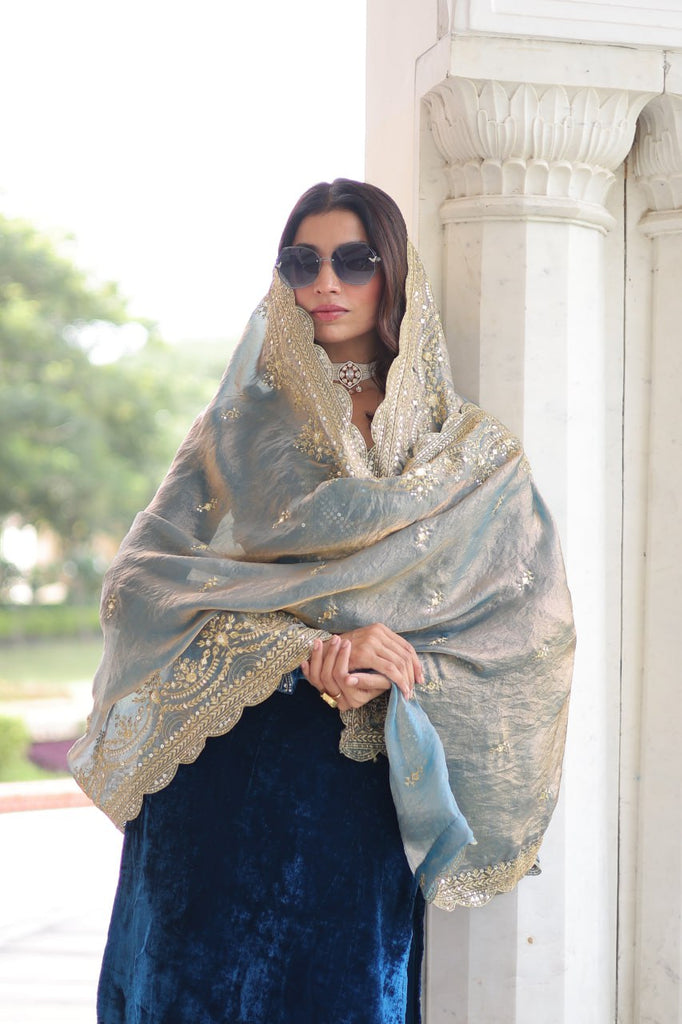 Blue Velvet Sequins & Zari Embroidered Premium Stitched Suit Set with Full-Sleeve Top, Velvet Pants & Fendy Cutwork Dupatta ClothsVilla