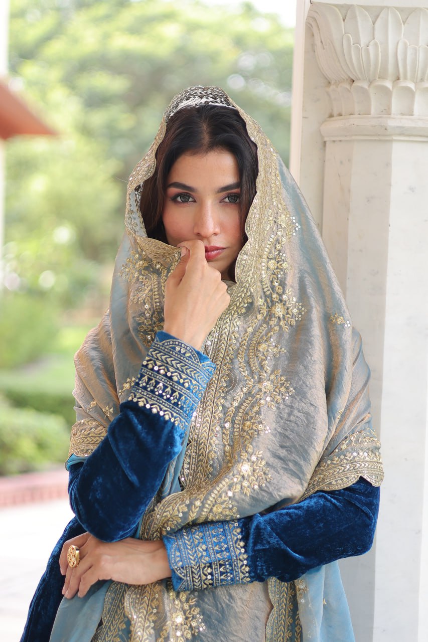 Blue Velvet Sequins & Zari Embroidered Premium Stitched Suit Set with Full-Sleeve Top, Velvet Pants & Fendy Cutwork Dupatta ClothsVilla