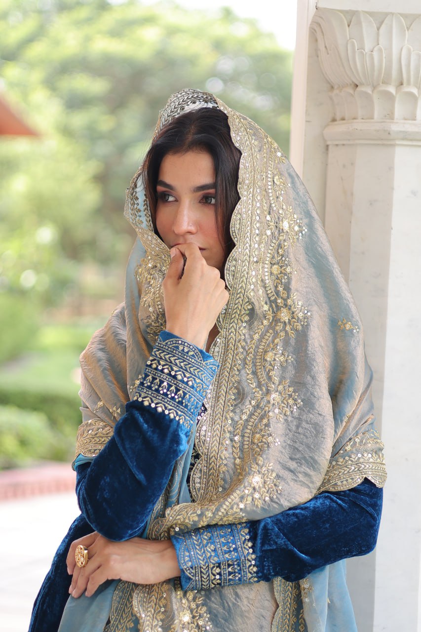 Blue Velvet Sequins & Zari Embroidered Premium Stitched Suit Set with Full-Sleeve Top, Velvet Pants & Fendy Cutwork Dupatta ClothsVilla
