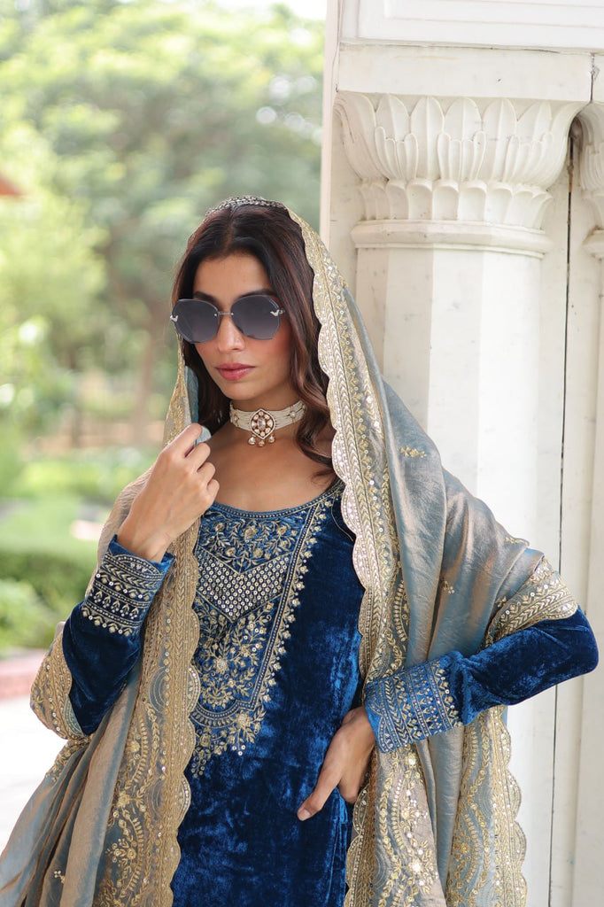 Blue Velvet Sequins & Zari Embroidered Premium Stitched Suit Set with Full-Sleeve Top, Velvet Pants & Fendy Cutwork Dupatta ClothsVilla