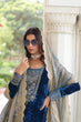 Load image into Gallery viewer, Blue Velvet Sequins &amp; Zari Embroidered Premium Stitched Suit Set with Full-Sleeve Top, Velvet Pants &amp; Fendy Cutwork Dupatta ClothsVilla