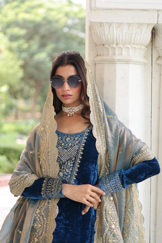 Blue Velvet Sequins & Zari Embroidered Premium Stitched Suit Set with Full-Sleeve Top, Velvet Pants & Fendy Cutwork Dupatta ClothsVilla