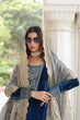 Load image into Gallery viewer, Blue Velvet Sequins &amp; Zari Embroidered Premium Stitched Suit Set with Full-Sleeve Top, Velvet Pants &amp; Fendy Cutwork Dupatta ClothsVilla