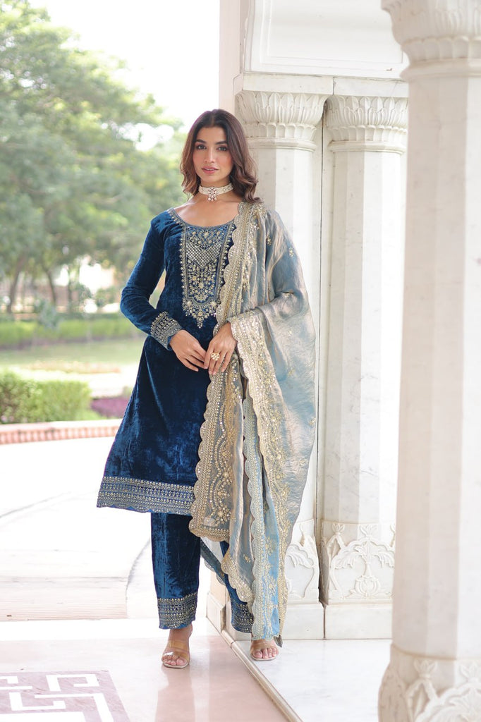 Blue Velvet Sequins & Zari Embroidered Premium Stitched Suit Set with Full-Sleeve Top, Velvet Pants & Fendy Cutwork Dupatta ClothsVilla