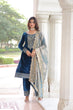 Load image into Gallery viewer, Blue Velvet Sequins &amp; Zari Embroidered Premium Stitched Suit Set with Full-Sleeve Top, Velvet Pants &amp; Fendy Cutwork Dupatta ClothsVilla